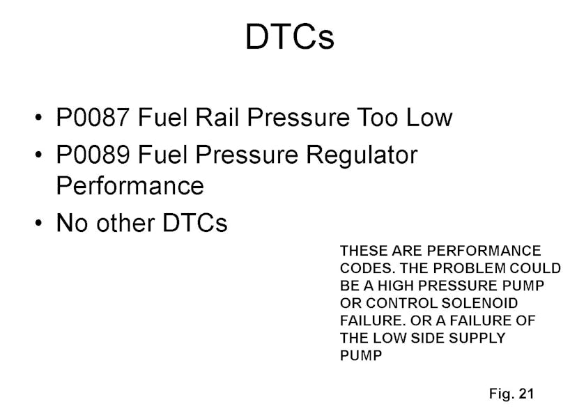 In this example a GM vehicle equipped with a 2.0L Ecotec engine came in with two codes (P0087 and P0089), which are both performance codes.