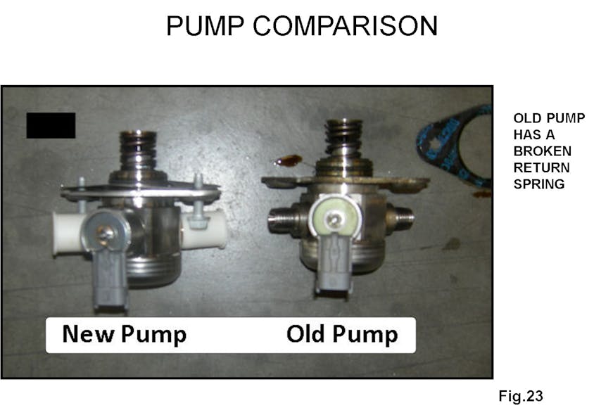 New pump compared to the old pump. The old pump has a broken return spring.