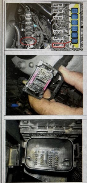 Top: All slots in the connector must be occupied with a wire or a sealing pin/plug. Center: Install suitable sealing pins (repair kit P/N 61 12 8 794 into any and all open chambers. Bottom: Shine a flashlight from the front of the connector to locate any open chambers.