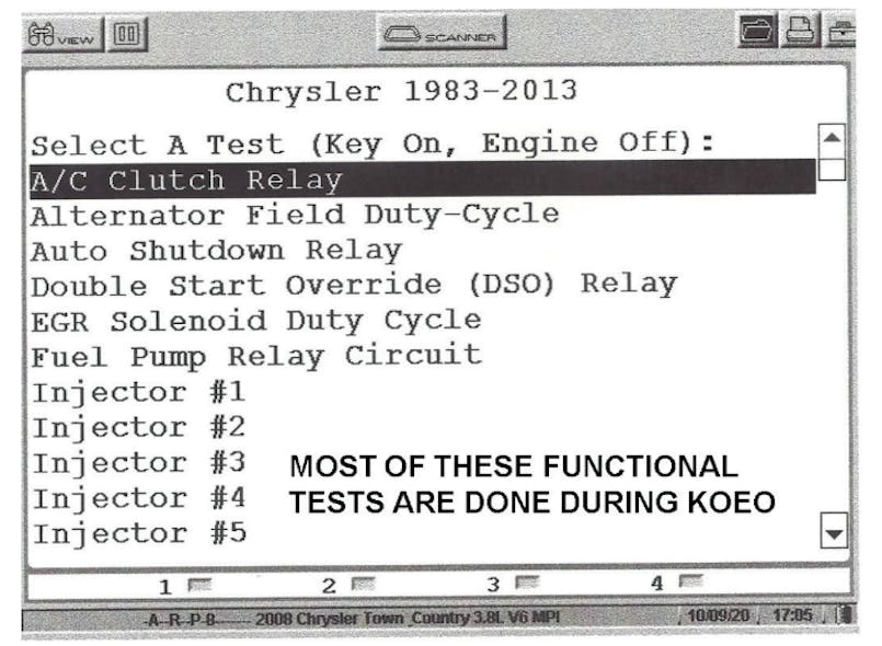 List of KOEO tests available under the functional test menu.