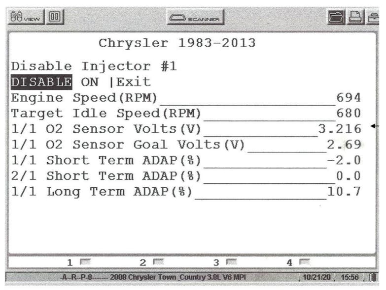 Notice the oxygen voltage before an injector was disabled.