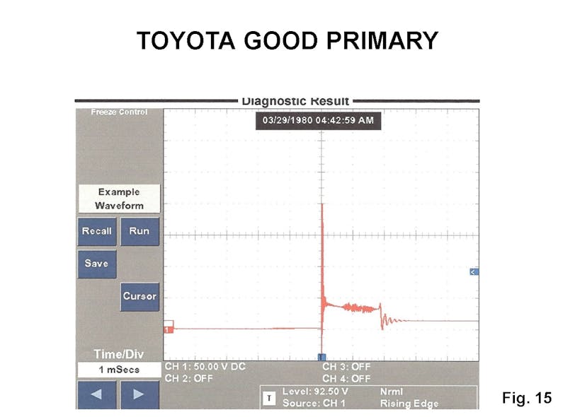 Fig. 15: After all spark plugs were replaced with OE multi-ground electrodes, the good spark duration period with the misfire is now gone.